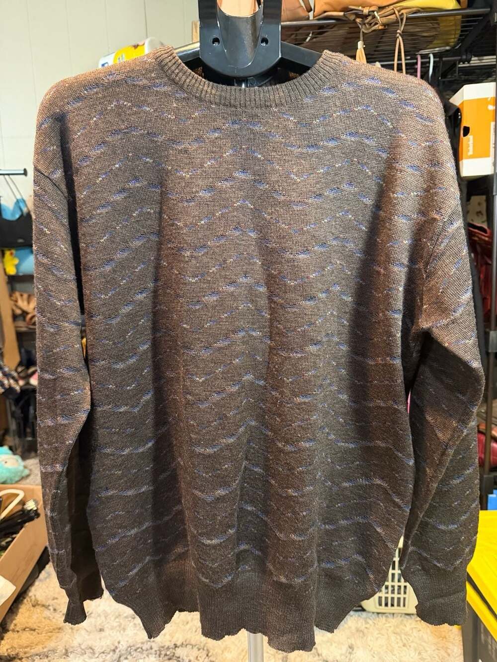 Neiman Marcus Vintage 100% Virgin Wool Brown Chevron Knit Crewneck Sweater XL